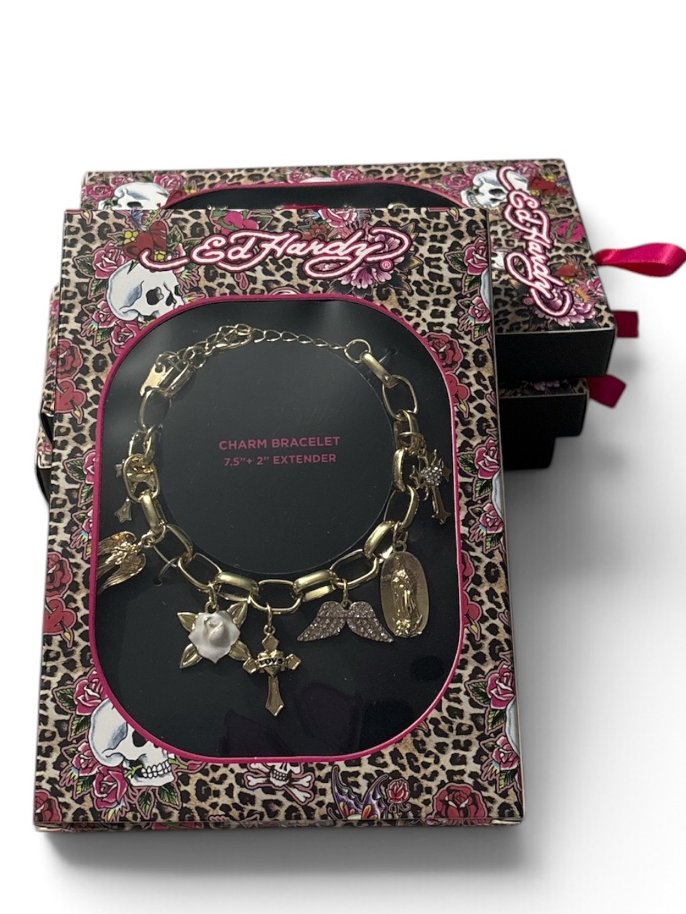 Ed Hardy Gold Charm Bracelet with Pink Packaging Accents